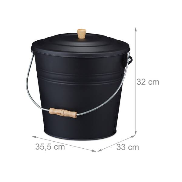 Schwarzer Ascheeimer mit Deckel 12l Schwarz - Braun - Stahl - 36 x 32 x 33 cm