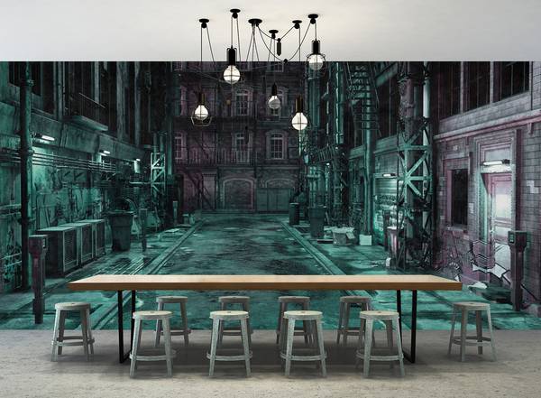 Fototapete Bronx Walls by Patel Schwarz - Violett - Türkis - Fleece - 500 x 250 x 1 cm
