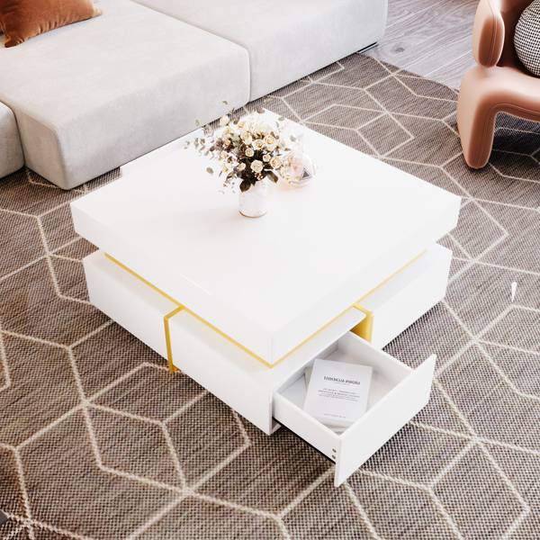 Salontafel Ourea Ⅳ wit glas - hoogglans wit - goud - wit