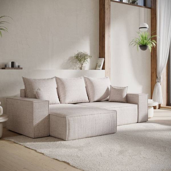 Ecksofa SENSO mit Schlaffunktion Hellbeige - Armlehne beidseitig montierbar - Ecke davorstehend links - Ottomane davorstehend links