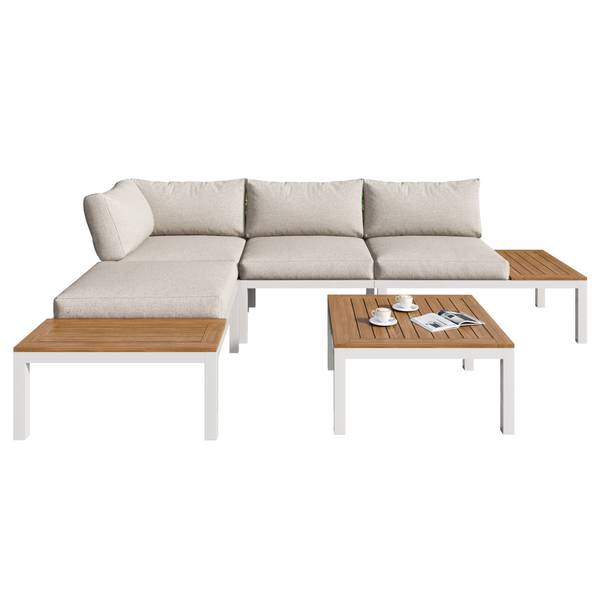 Gartenlounge-Set WoodyMetal Ⅳ+ Beige - Metall - Kunststoff - Massivholz - 60 x 66 x 145 cm