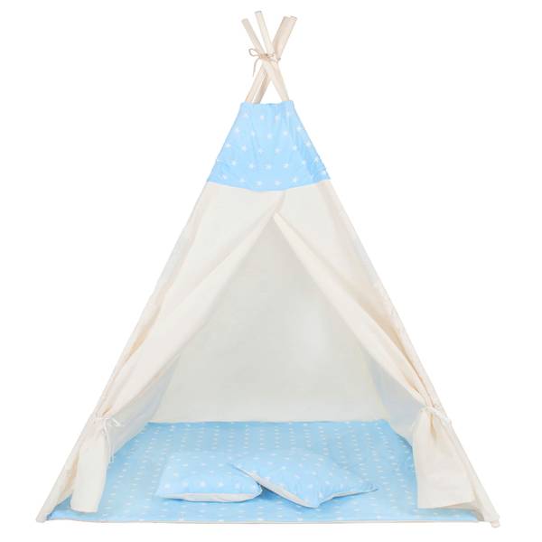 Kinderzelt Kinder Tipi 160x120x100cm Blau - Weiß - Naturfaser - Massivholz - 120 x 160 x 100 cm