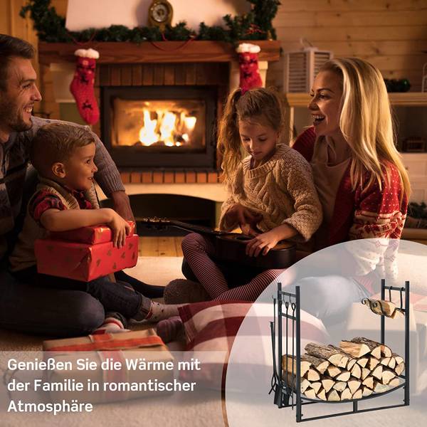 Kaminholzregal mit Kaminbesteck Set Schwarz - Metall - 33 x 76 x 76 cm