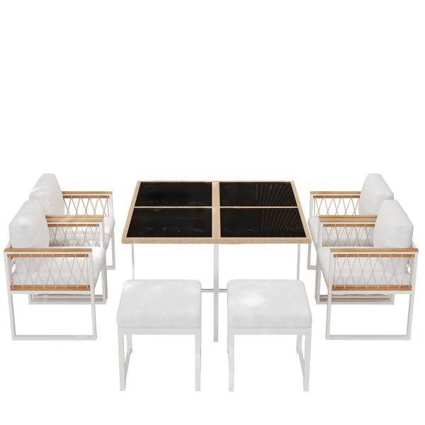 Garten-Essgruppe Anemoi 7-tlg Schwarz - Weiß - Polyester - Webstoff - Akazie - Eisen - 158 x 74 x 230 cm