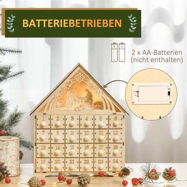 Kerst-adventskalender 830-412 bruin - plaatmateriaal op houtbasis - 6 x 30 x 27 cm