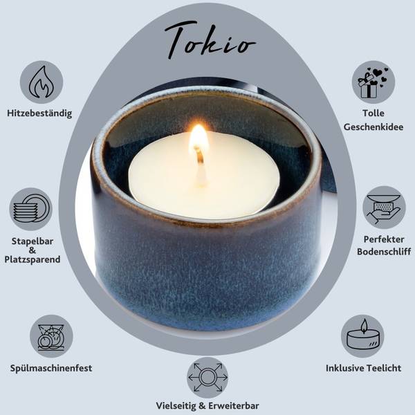 Teelichthalter Tokio 8-tlg inkl. Kerzen Blau - Stein - 12 x 11 x 6 cm