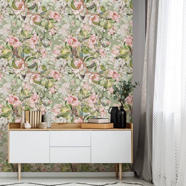 Tapete Frühling BLUMEN Blätter Natur Braun - Grau - Grün - Weiß - Fleece - 53 x 1000 x 1000 cm