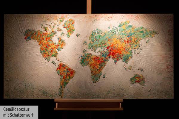 Acrylbild Handgemalt Weltkarte Jec Baumwollstoff - 140 x 70 x 4 cm
