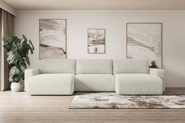 Wohnlandschaft KLEEA-U Weiß - Strukturstoff - Cord - 347 x 83 x 143 cm