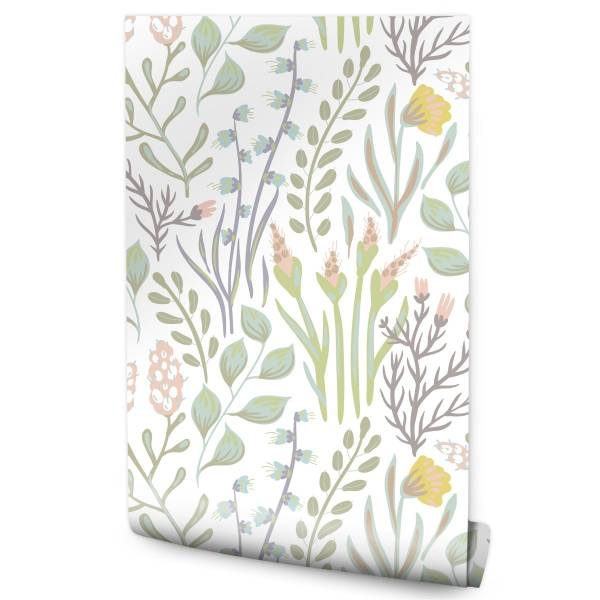 Tapete FELDBLUMEN Blätter Natur Pflanzen Beige - Blau - Braun - Grün - Fleece - 53 x 1000 x 1000 cm