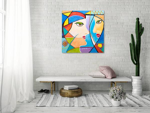 Tableau peint à la main Visages Amara Coton - 87 x 87 x 6 cm