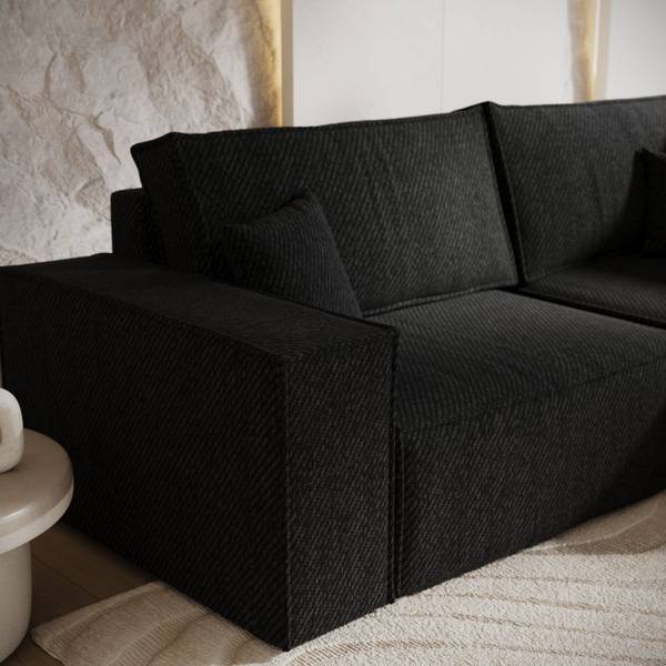 Ecksofa AVION mit Schlaffunktion Schwarz - Armlehne beidseitig montierbar - Ecke davorstehend rechts - Ottomane davorstehend rechts