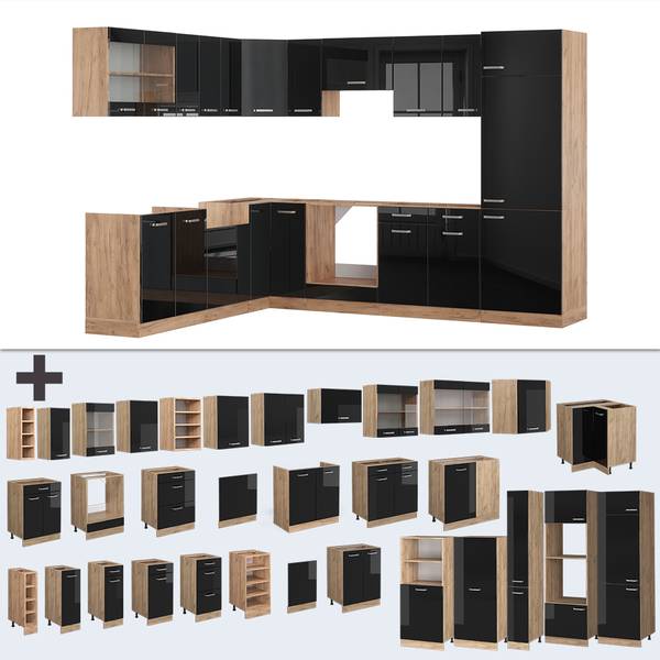 Eckküche R-Line 43019 12er Set Hochglanz Schwarz - Eiche Dekor