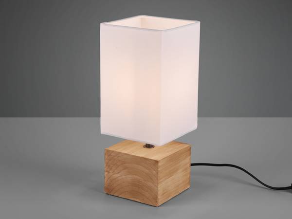 Tischleuchte Holzfuß, Stoffschirm Weiß Holz - Weiß