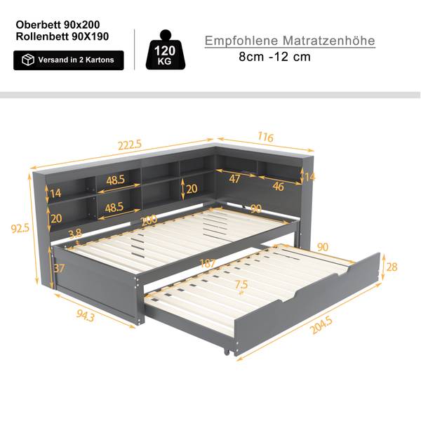 Bett Gircaet Grau - Holzwerkstoff - Textil - 116 x 93 x 223 cm