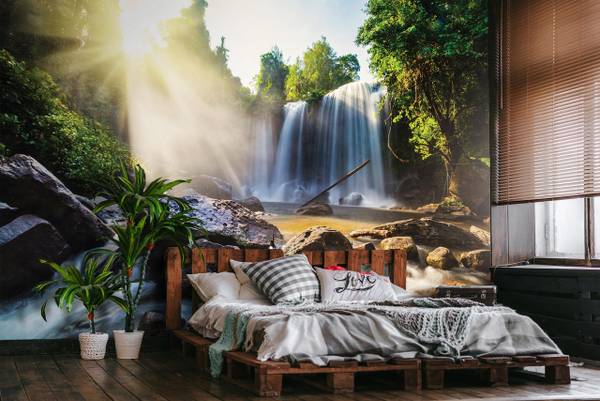 Vlies Fototapete Wasserfall Landschaft 368 x 254 cm - 130g Vlies
