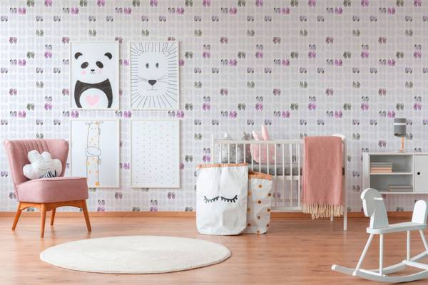Papier Peint "Farandole de Chaussons" Rose foncé - Blanc - Polaire - 53 x 1005 x 1 cm