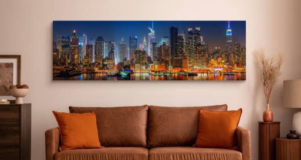 Image Architecture Panorama Ville 3D Noir - Bleu - Orange - Lin - 145 x 45 x 45 cm