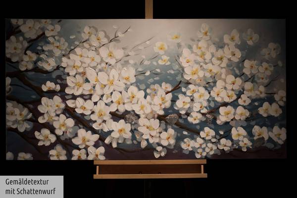 Acrylbild Handgemalt Blüten Zap Blau - Weiß - Baumwollstoff - 140 x 70 x 4 cm