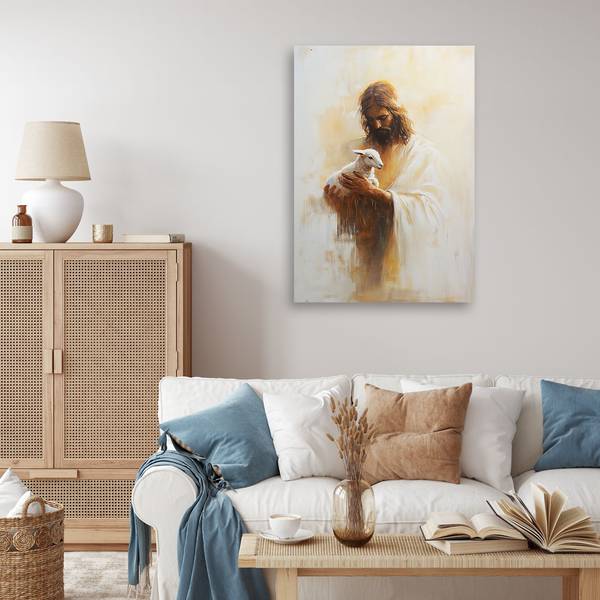 Tableau déco Jésus avec l'agneau dans 60 x 90 cm