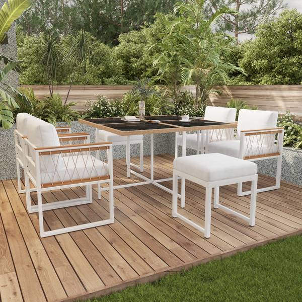 Garten-Essgruppe Anemoi 7-tlg Schwarz - Weiß - Polyester - Webstoff - Akazie - Eisen - 158 x 74 x 230 cm