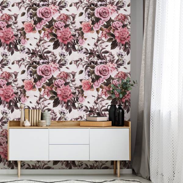 Tapete Rosen PFINGSTROSEN Blumen Natur Grün - Pink - Weiß - Fleece - 53 x 1000 x 1000 cm