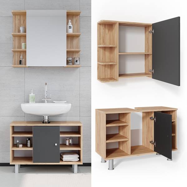 Badmöbel-Set Fynn 34717 2er Set Anthrazit - Braun - Eiche Dekor