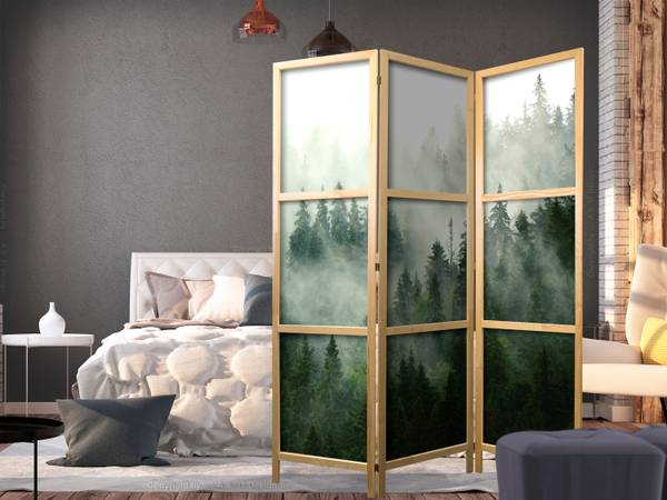 Paravent Gebirge Wald 3-tlg Grau - Grün - Weiß - Holzwerkstoff - Textil - 135 x 172 x 3 cm