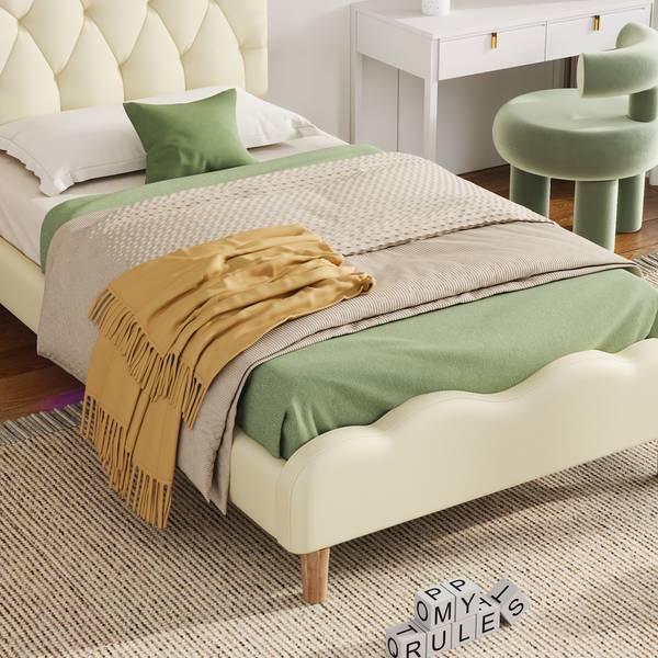 Polsterbett Lotte Beige - Holzwerkstoff - Massivholz - Kunstleder - 95 x 107 x 206 cm
