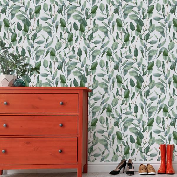 Tapete Eukalyptus BLÄTTER Pflanzen Natur Beige - Grün - Weiß - Fleece - 53 x 1000 x 1000 cm