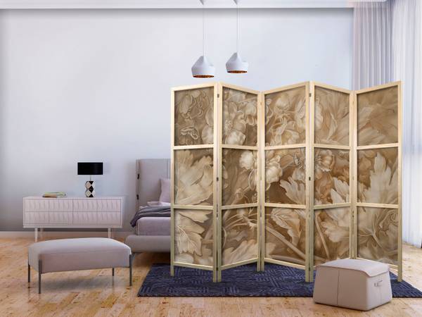 Paravent Blumen Botanik 5-tlg Beige - Braun - Weiß - Holzwerkstoff - Textil - 225 x 172 x 3 cm