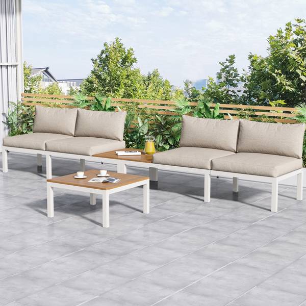 Gartenlounge-Set WoodyMetal Ⅳ+ Beige - Metall - Kunststoff - Massivholz - 60 x 66 x 145 cm