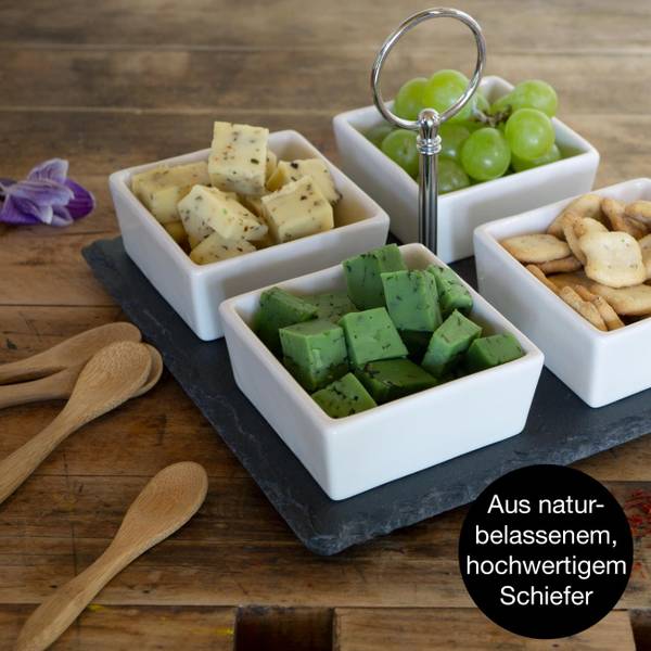 Schieferplatte mit 4 Dipschalen + Löffel Weiß - Bambus - 10 x 24 x 24 cm