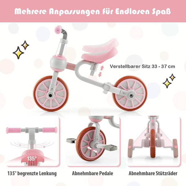 4 in 1 Kinder Dreirad + Laufrad Pink - Kunststoff - 72 x 101 x 37 cm