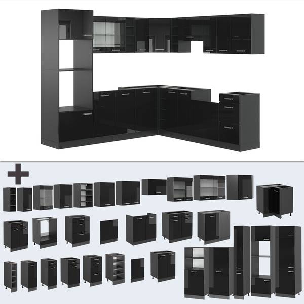 Eckküche R-Line 40970 14er Set Anthrazit - Hochglanz Schwarz