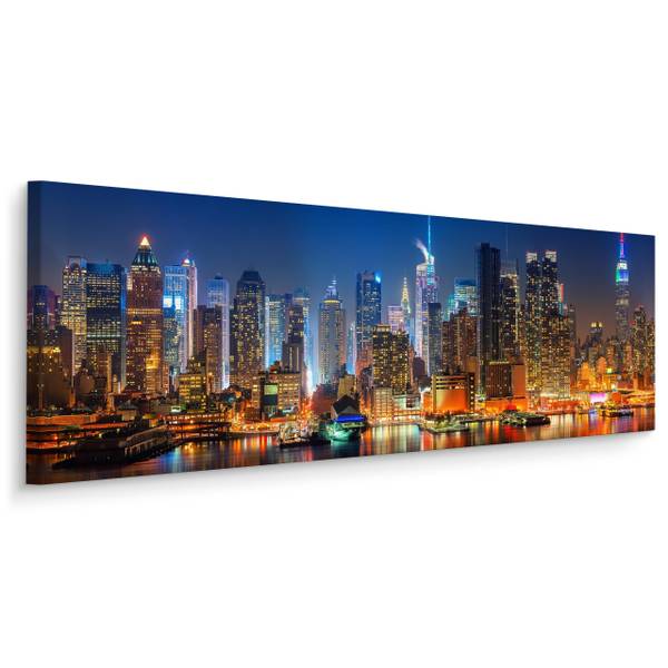 Image Architecture Panorama Ville 3D Noir - Bleu - Orange - Lin - 145 x 45 x 45 cm