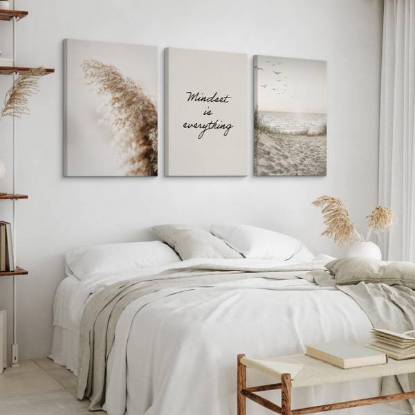 Set De Tableaux Plage Citation Plantes Beige - Noir - Vert - Lin - 90 x 40 x 40 cm