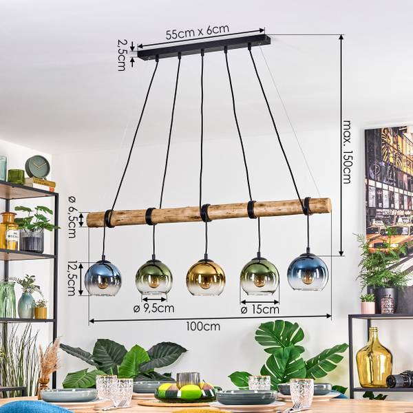 Pendelleuchte Cesaro Blau - Gold - Grün - Holzwerkstoff - Metall - 34 x 29 x 123 cm