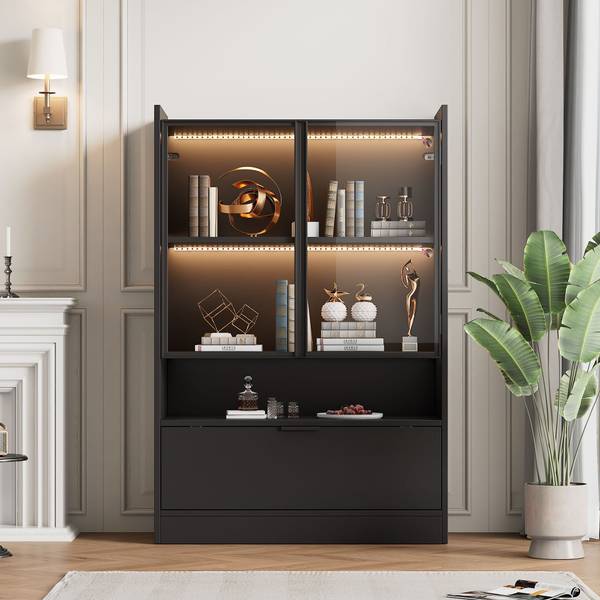 Vitrine Ourea Ⅰ Noir - Bois manufacturé - Verre - 35 x 120 x 80 cm