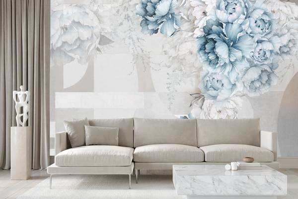 Vlies-Fotobehang ABSTRACT Pioenen blauw - 90 x 60 x 60 cm