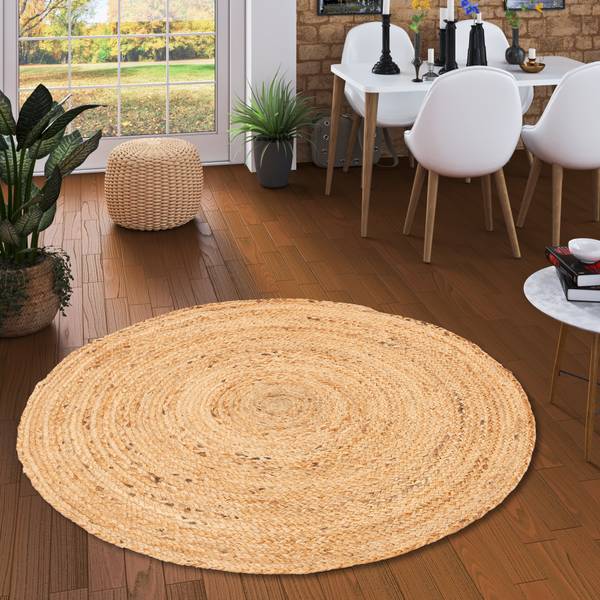 Handgefertigt Jute Teppich Nele Rund Beige - Textil - 120 x 1 x 120 cm