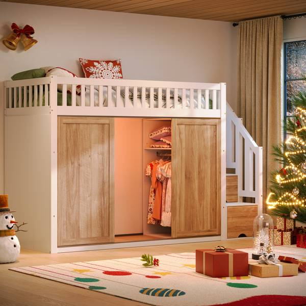 Hochbett  WoodySHEF Ⅰ Weiß - Holzwerkstoff - Massivholz - 95 x 162 x 252 cm
