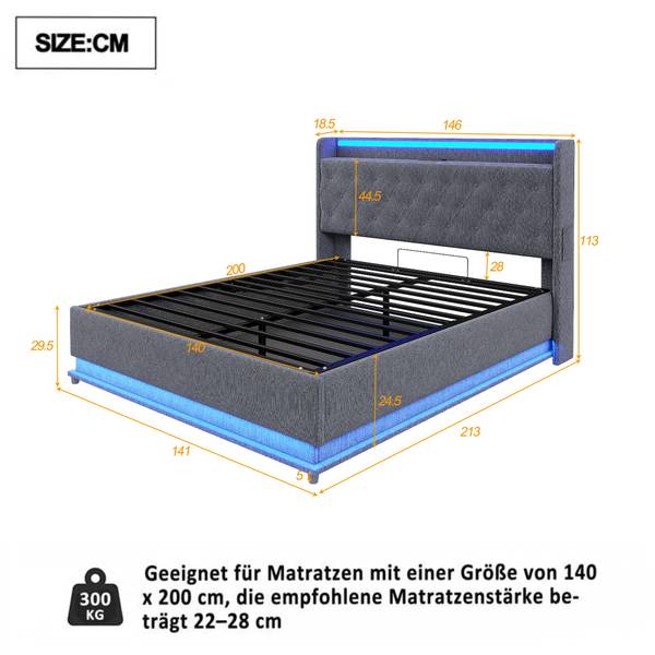LED Polsterbett Oneiros Ⅰ Grau - Breite: 146 cm