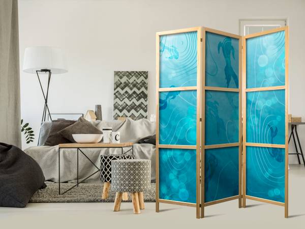 Paravent Fisch Ozean Wellen 3-tlg Blau - Grün - Weiß - Holzwerkstoff - Textil - 135 x 172 x 3 cm