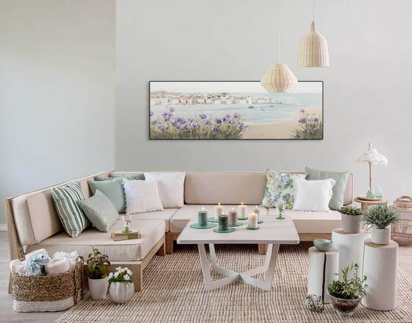Tableau peint à la main Fleur Côtière Bleu - Coton - 150 x 50 x 4 cm