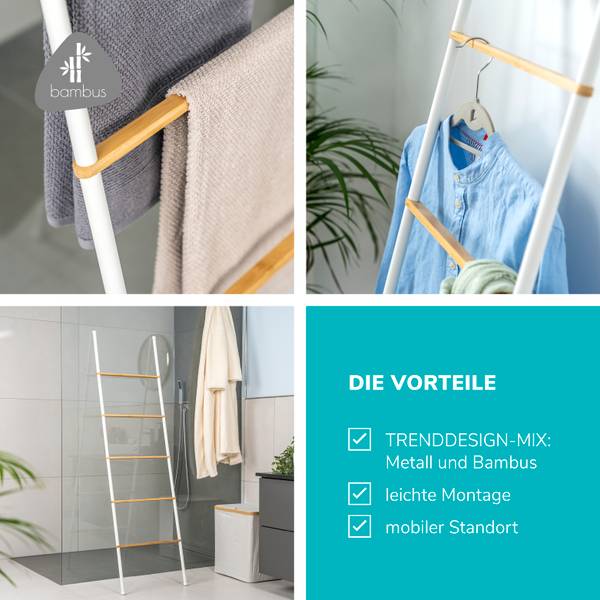 Handtuchleiter 93111 Weiß - Bambus - 45 x 165 x 3 cm