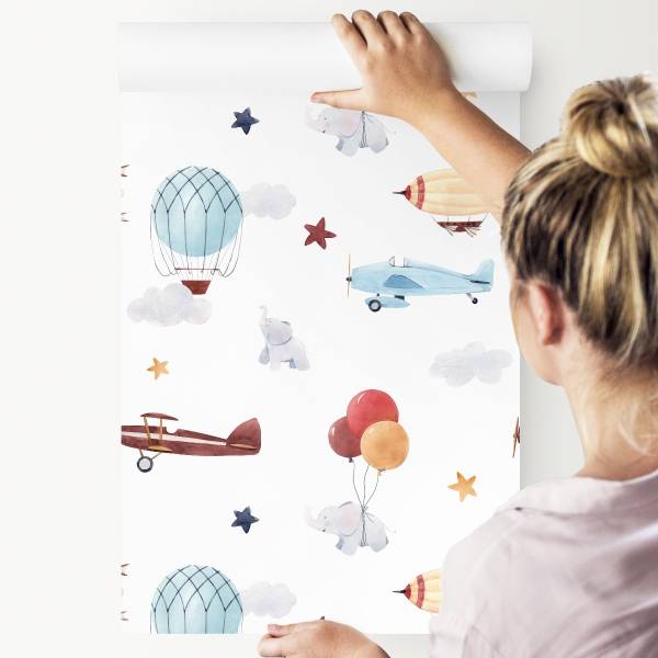 Tapete Flugzeuge Ballons Wolken Sterne Beige - Schwarz - Blau - Braun - Grau - Rot - Weiß - Papier - 53 x 1000 x 1000 cm
