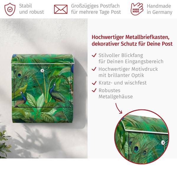 Briefkasten Pfauen im Dschungel Grün - Stahl - 39 x 46 x 13 cm