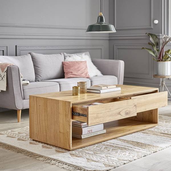 Couchtisch Mindy mit 4 Schubladen Beige - Massivholz - 140 x 45 x 60 cm