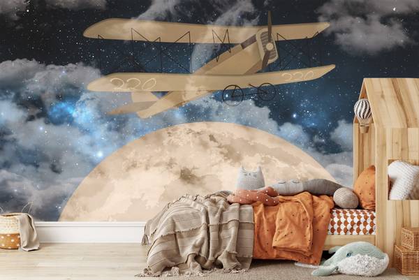Fototapete FLUGZEUG Mond Sterne Wolken 405 x 270 x 270 cm